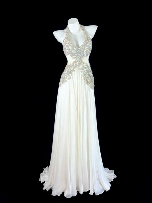 Glam White Halter V Neck Open Back Beaded Chiffon A Line Long Prom Dress With Sweep Train AD911