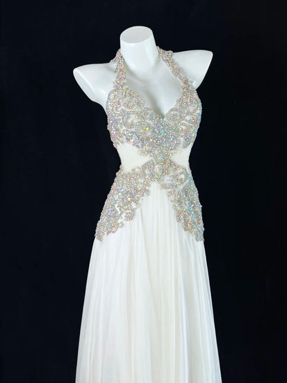Glam White Halter V Neck Open Back Beaded Chiffon A Line Long Prom Dress With Sweep Train AD911