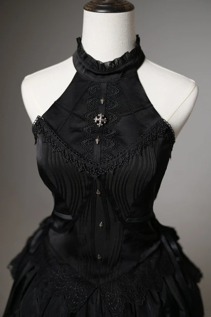 Dark Vintage Black Lace Trim Halter Neck Satin Bodice A Line Long Prom Dress With Metal Embellished AD912