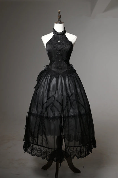 Dark Vintage Black Lace Trim Halter Neck Satin Bodice A Line Long Prom Dress With Metal Embellished AD912