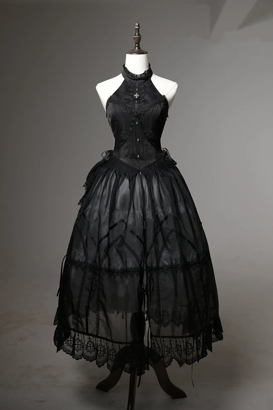 Dark Vintage Black Lace Trim Halter Neck Satin Bodice A Line Long Prom Dress With Metal Embellished AD912