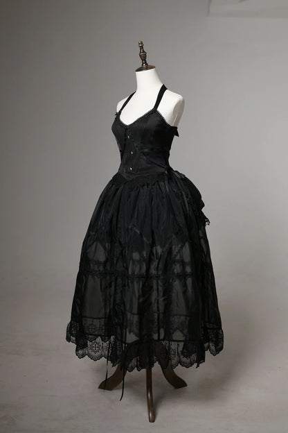 Dark Vintage Black V Neck Halter Bow Back Lace Trim Satin Bodice A Line Long Prom Dress With Metal Embellished AD913