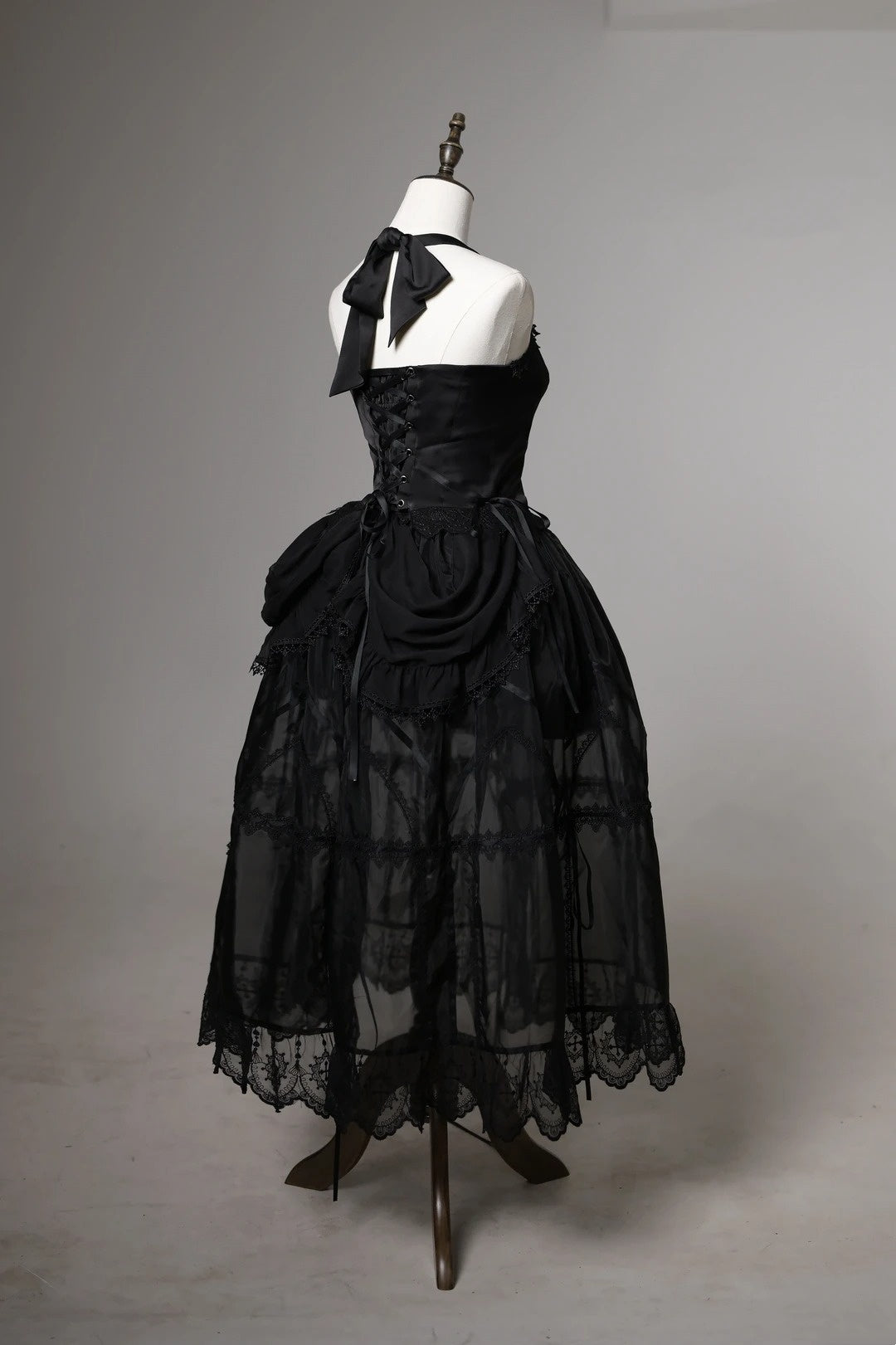 Dark Vintage Black V Neck Halter Bow Back Lace Trim Satin Bodice A Line Long Prom Dress With Metal Embellished AD913