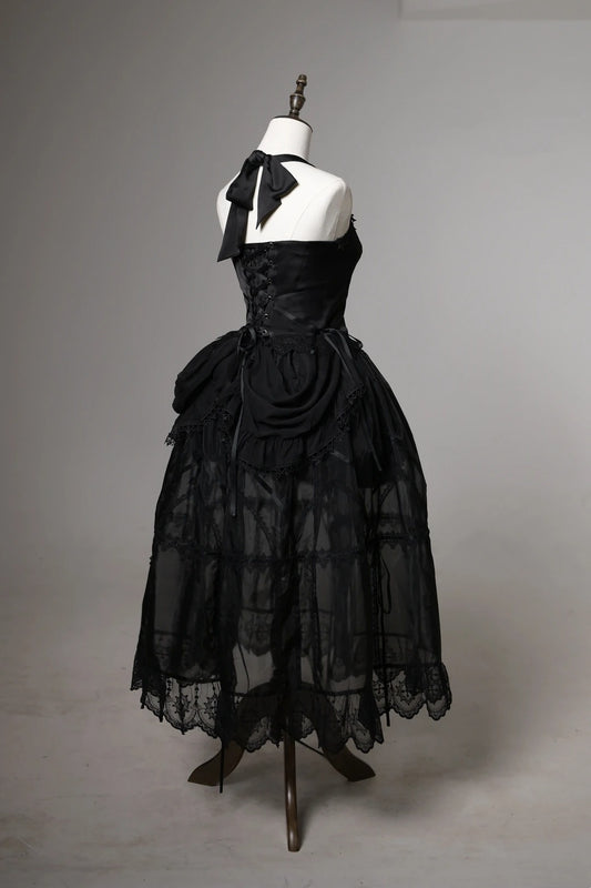 Dark Vintage Black V Neck Halter Bow Back Lace Trim Satin Bodice A Line Long Prom Dress With Metal Embellished AD913