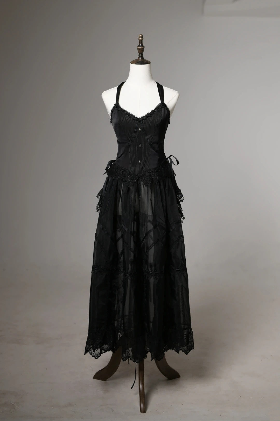 Dark Vintage Black V Neck Halter Bow Back Lace Trim Satin Bodice A Line Long Prom Dress With Metal Embellished AD913