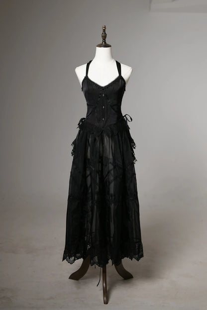 Dark Vintage Black V Neck Halter Bow Back Lace Trim Satin Bodice A Line Long Prom Dress With Metal Embellished AD913