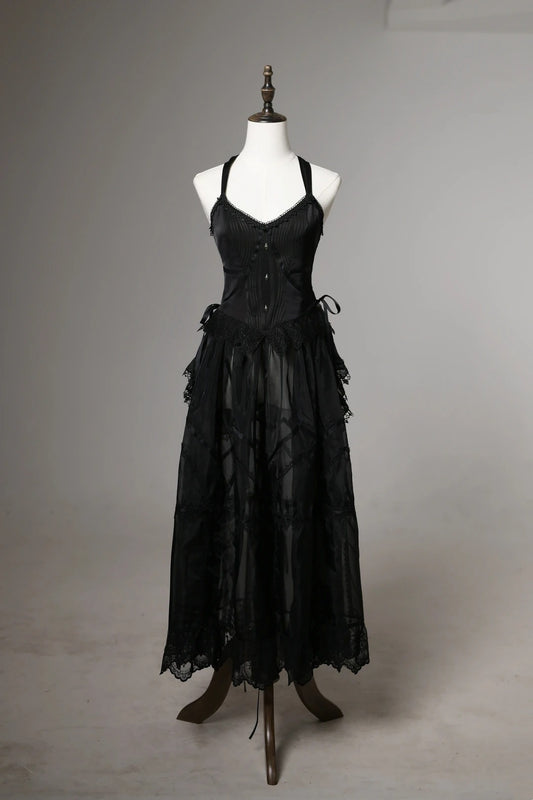 Dark Vintage Black V Neck Halter Bow Back Lace Trim Satin Bodice A Line Long Prom Dress With Metal Embellished AD913