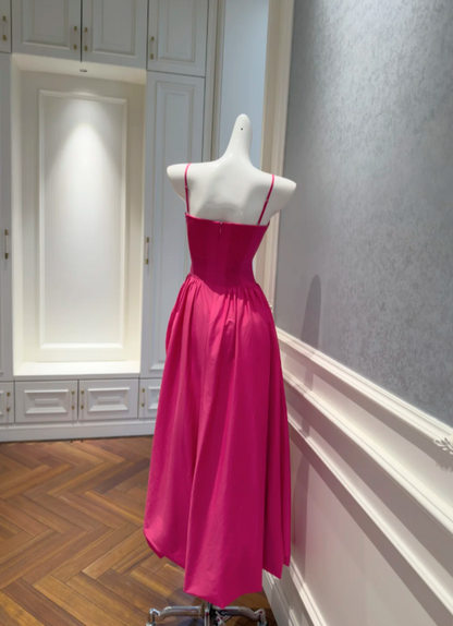 Vibrant Hot Pink Spaghetti Straps Sweetheart Ruched Bodice Asymmetrical High Slit A-Line Long Prom Dress AD914