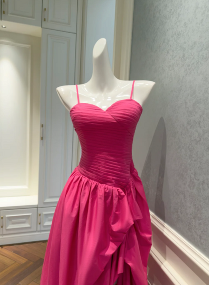 Vibrant Hot Pink Spaghetti Straps Sweetheart Ruched Bodice Asymmetrical High Slit A-Line Long Prom Dress AD914