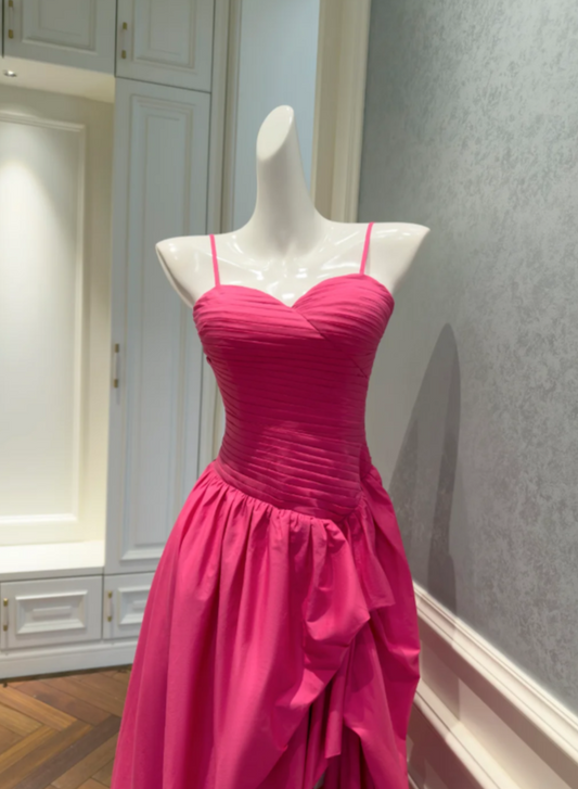 Vibrant Hot Pink Spaghetti Straps Sweetheart Ruched Bodice Asymmetrical High Slit A-Line Long Prom Dress AD914