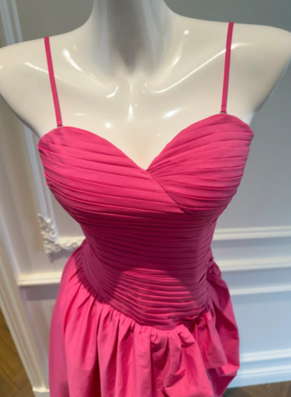 Vibrant Hot Pink Spaghetti Straps Sweetheart Ruched Bodice Asymmetrical High Slit A-Line Long Prom Dress AD914
