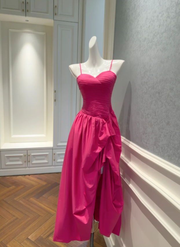 Vibrant Hot Pink Spaghetti Straps Sweetheart Ruched Bodice Asymmetrical High Slit A-Line Long Prom Dress AD914