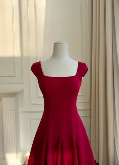Classic Heavy Burgundy Cap Sleeve Square Neck A-Line Long Prom Dress AD915