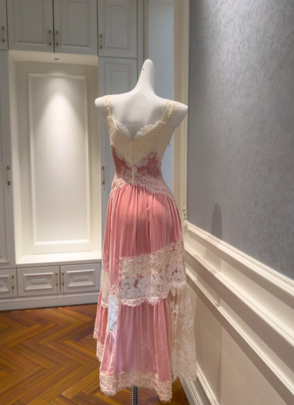Romantic Two-Tone Ivory Lace Dusty Pink Velvet Spaghetti Straps High Low Asymmetrical A Line Long Prom Dress AD916