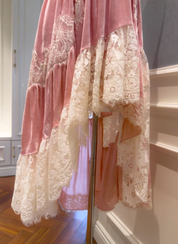 Romantic Two-Tone Ivory Lace Dusty Pink Velvet Spaghetti Straps High Low Asymmetrical A Line Long Prom Dress AD916