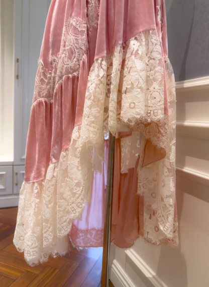 Romantic Two-Tone Ivory Lace Dusty Pink Velvet Spaghetti Straps High Low Asymmetrical A Line Long Prom Dress AD916