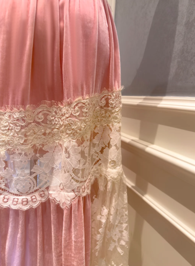 Romantic Two-Tone Ivory Lace Dusty Pink Velvet Spaghetti Straps High Low Asymmetrical A Line Long Prom Dress AD916