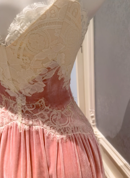 Romantic Two-Tone Ivory Lace Dusty Pink Velvet Spaghetti Straps High Low Asymmetrical A Line Long Prom Dress AD916