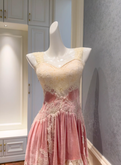 Romantic Two-Tone Ivory Lace Dusty Pink Velvet Spaghetti Straps High Low Asymmetrical A Line Long Prom Dress AD916