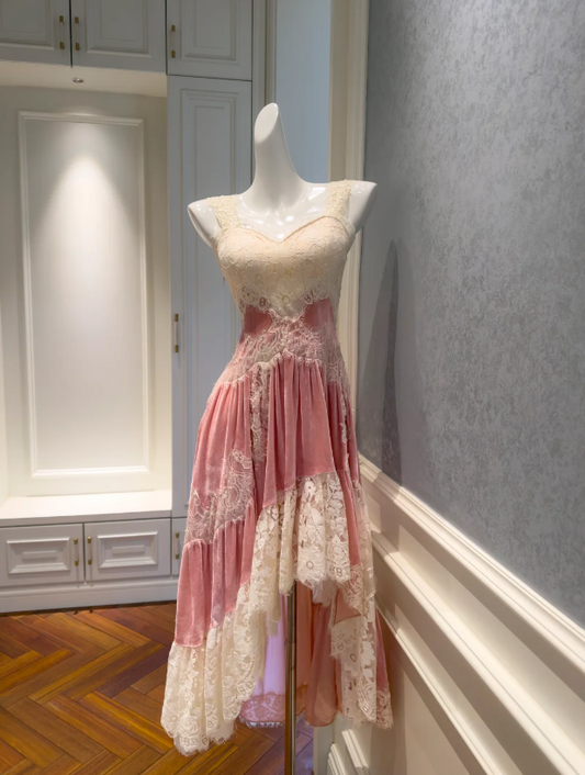 Romantic Two-Tone Ivory Lace Dusty Pink Velvet Spaghetti Straps High Low Asymmetrical A Line Long Prom Dress AD916
