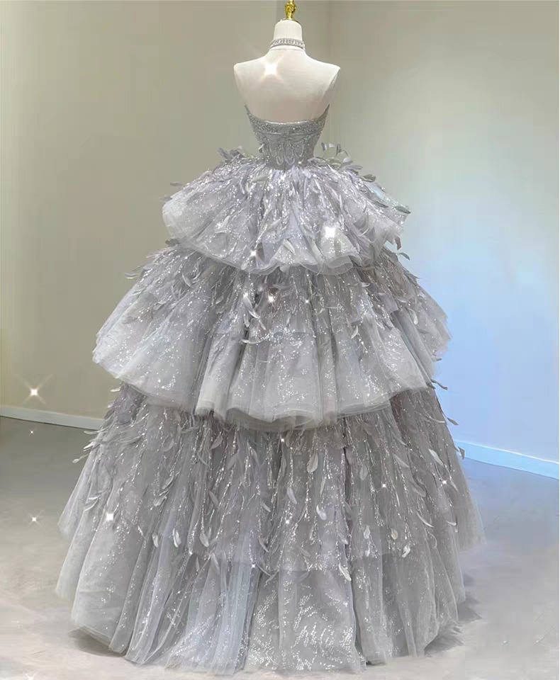 Luxury Silver Strapless Glitter Beaded Corset Bodice Multi-Tier Ruffled And 3D Leaf Tiered Ballgown Prom Dress AD917