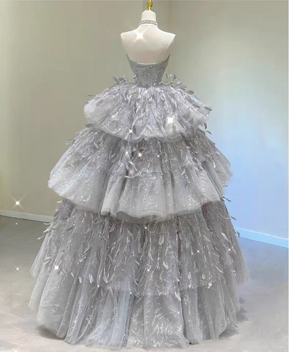 Luxury Silver Strapless Glitter Beaded Corset Bodice Multi-Tier Ruffled And 3D Leaf Tiered Ballgown Prom Dress AD917