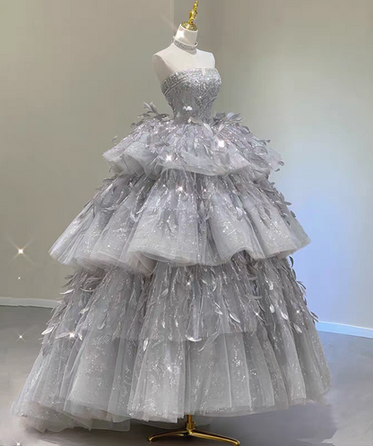 Luxury Silver Strapless Glitter Beaded Corset Bodice Multi-Tier Ruffled And 3D Leaf Tiered Ballgown Prom Dress AD917