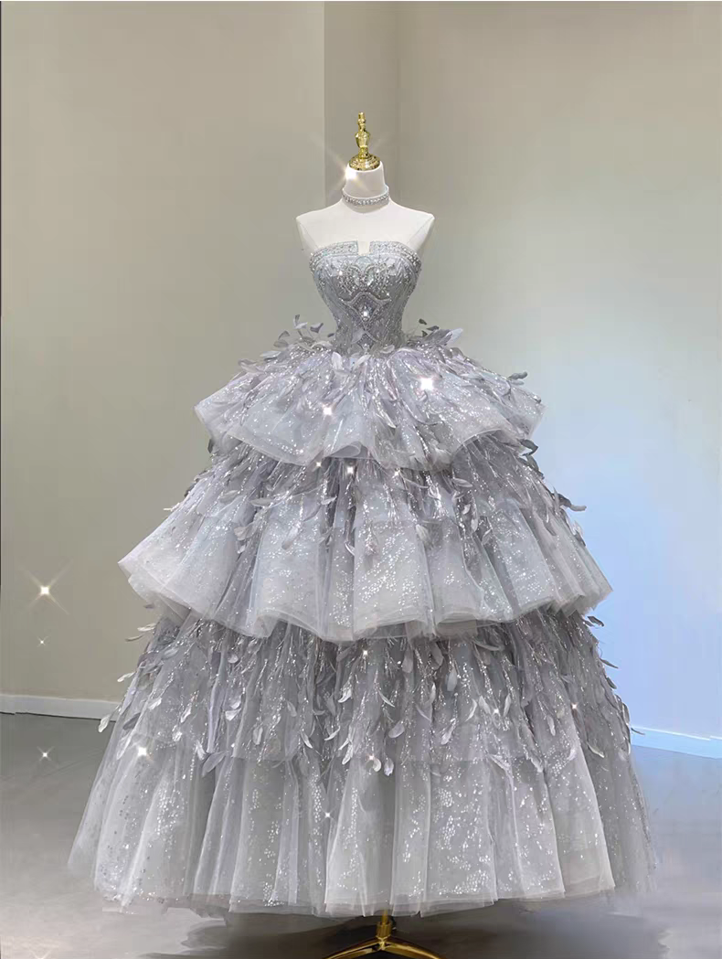 Luxury Silver Strapless Glitter Beaded Corset Bodice Multi-Tier Ruffled And 3D Leaf Tiered Ballgown Prom Dress AD917