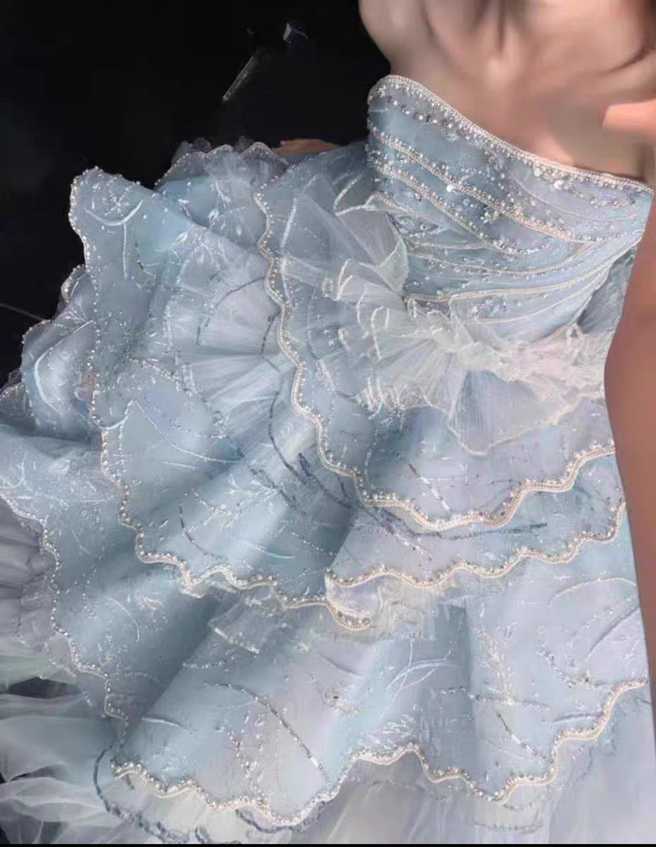 Ethereal Ice Blue Strapless Ruched Glitter Beaded Tulle Tiered Ball Gown Prom Dress With Chapel Train AD918