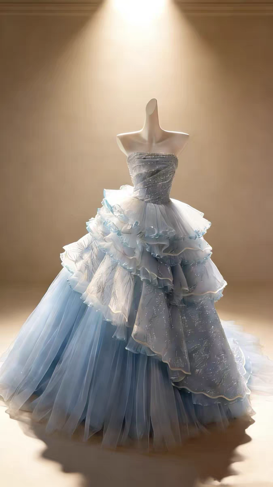 Ethereal Ice Blue Strapless Ruched Glitter Beaded Tulle Tiered Ball Gown Prom Dress With Chapel Train AD918