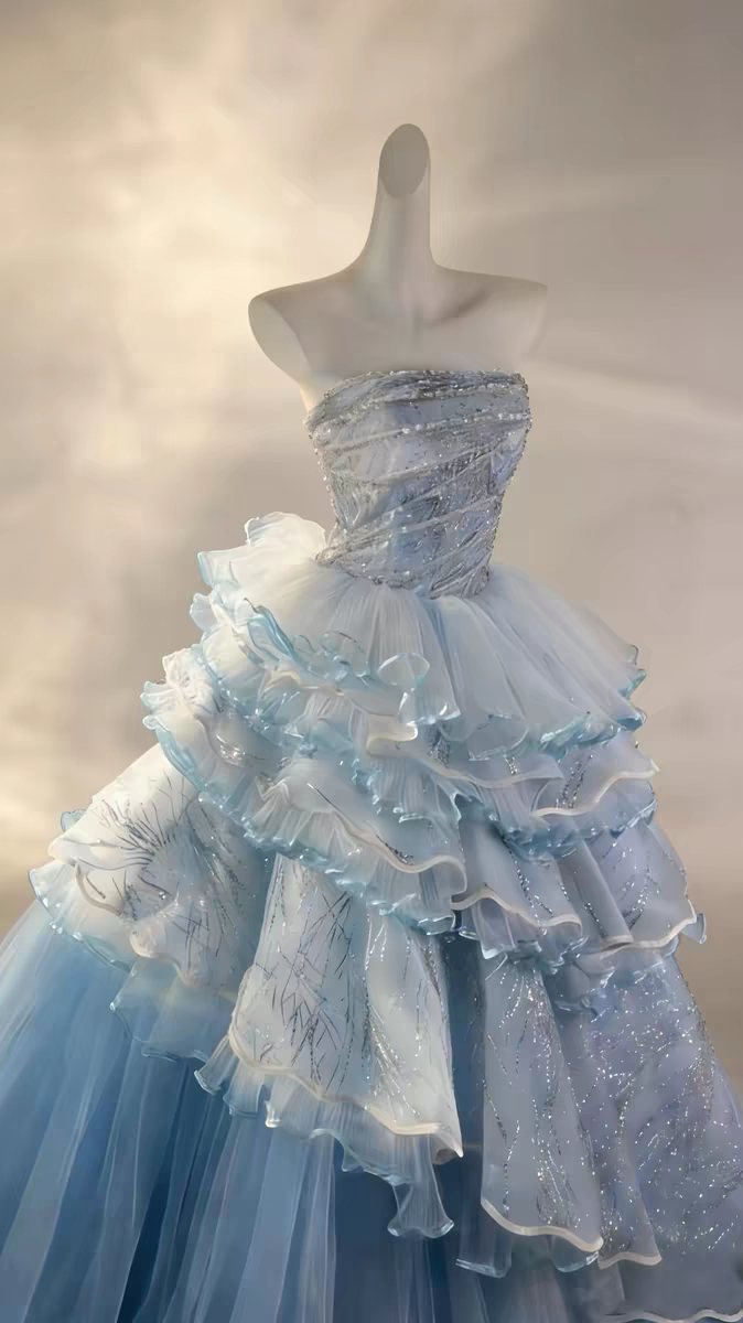 Ethereal Ice Blue Strapless Ruched Glitter Beaded Tulle Tiered Ball Gown Prom Dress With Chapel Train AD918