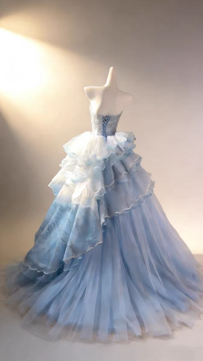 Ethereal Ice Blue Strapless Ruched Glitter Beaded Tulle Tiered Ball Gown Prom Dress With Chapel Train AD918