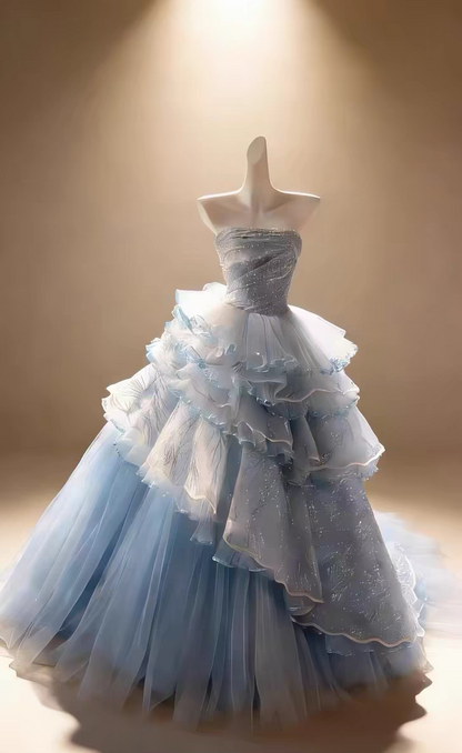 Ethereal Ice Blue Strapless Ruched Glitter Beaded Tulle Tiered Ball Gown Prom Dress With Chapel Train AD918