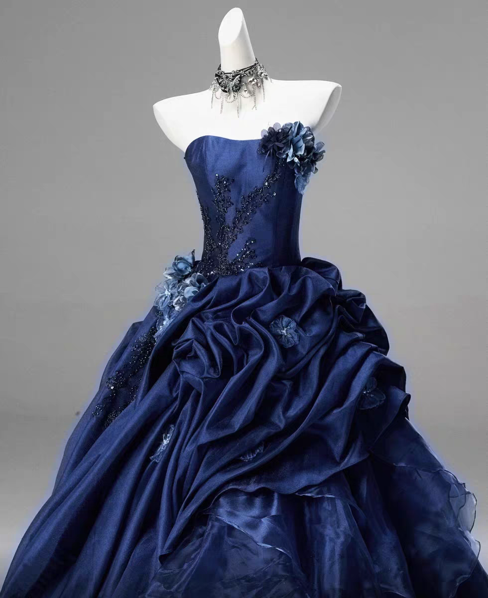 Luxury Navy Strapless Beaded Bodice 3D Floral Ruffled Organza Ball Gown Prom Dress With Chapel Train AD919