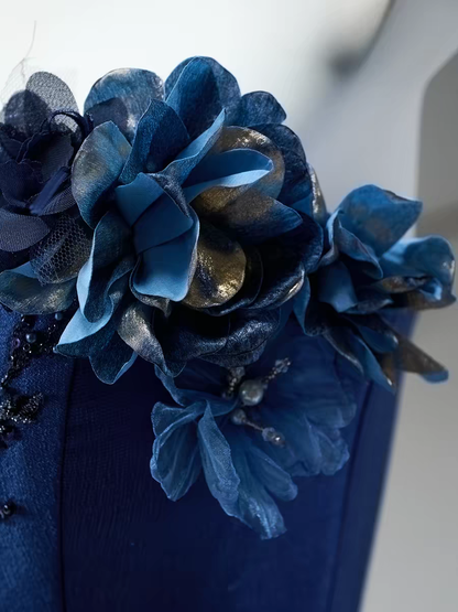 Luxury Navy Strapless Beaded Bodice 3D Floral Ruffled Organza Ball Gown Prom Dress With Chapel Train AD919