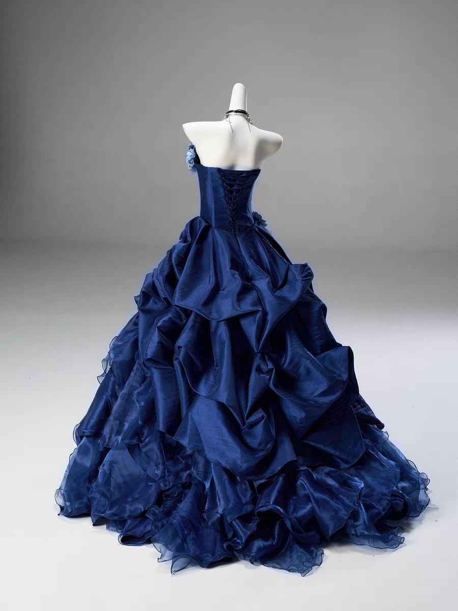 Luxury Navy Strapless Beaded Bodice 3D Floral Ruffled Organza Ball Gown Prom Dress With Chapel Train AD919