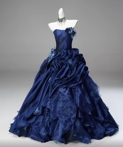 Luxury Navy Strapless Beaded Bodice 3D Floral Ruffled Organza Ball Gown Prom Dress With Chapel Train AD919
