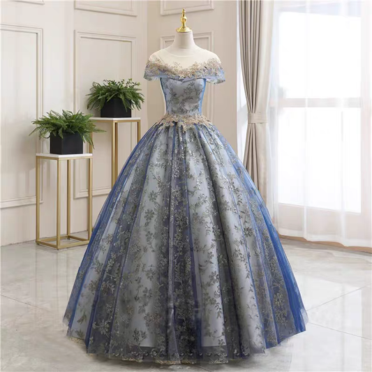 Regal Blue Gold Lace Floral Applique Off Shoulder A-Line Ball Gown Long Prom Dress AD920