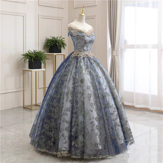 Regal Blue Gold Lace Floral Applique Off Shoulder A-Line Ball Gown Long Prom Dress AD920