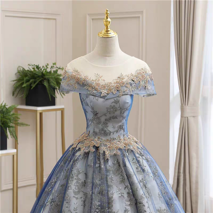 Regal Blue Gold Lace Floral Applique Off Shoulder A-Line Ball Gown Long Prom Dress AD920