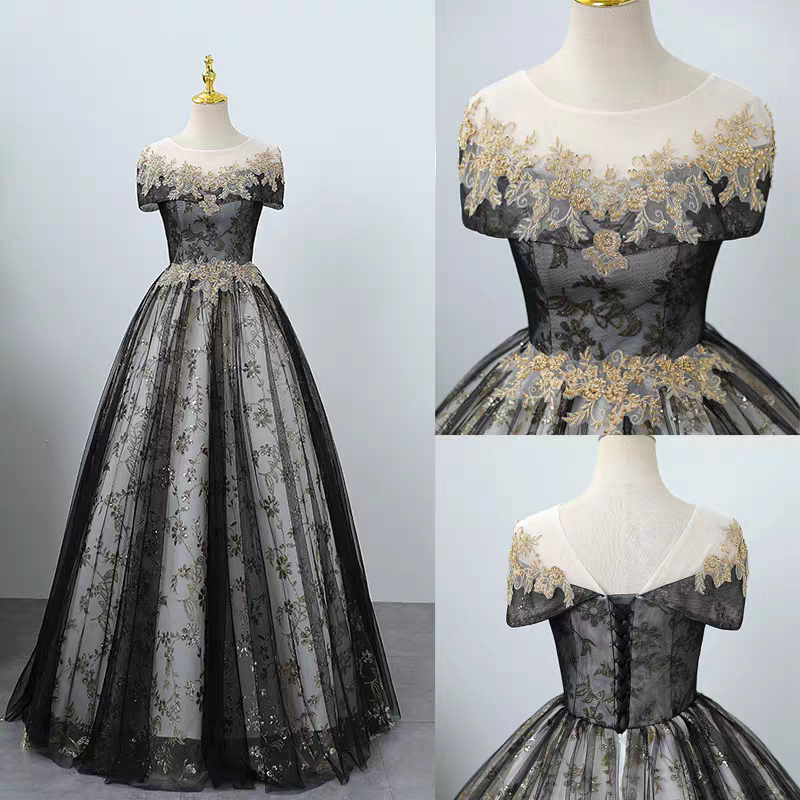Regal Blue Gold Lace Floral Applique Off Shoulder A-Line Ball Gown Long Prom Dress AD920