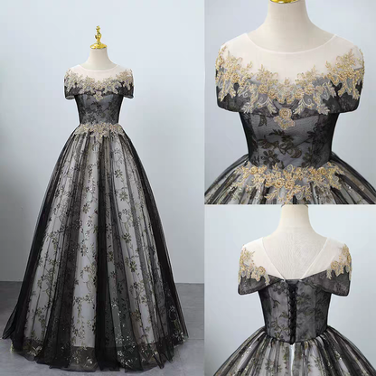Regal Blue Gold Lace Floral Applique Off Shoulder A-Line Ball Gown Long Prom Dress AD920