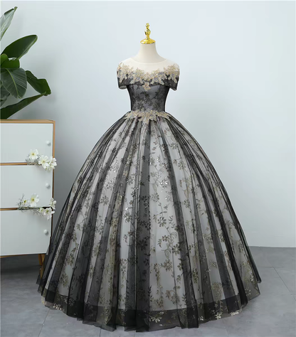 Regal Blue Gold Lace Floral Applique Off Shoulder A-Line Ball Gown Long Prom Dress AD920