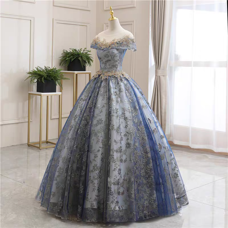 Regal Blue Gold Lace Floral Applique Off Shoulder A-Line Ball Gown Long Prom Dress AD920