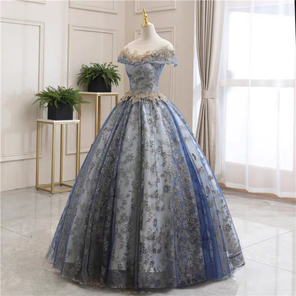 Regal Blue Gold Lace Floral Applique Off Shoulder A-Line Ball Gown Long Prom Dress AD920