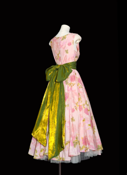Vintage Pink Floral Print Sleeveless A Line Long Prom Dress With Shimmery Olive Green Sash Bow AD921