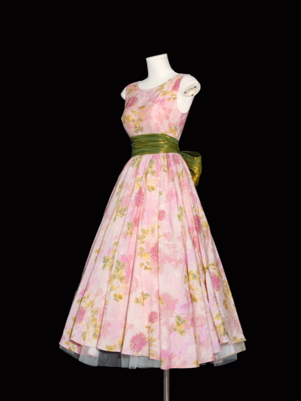 Vintage Pink Floral Print Sleeveless A Line Long Prom Dress With Shimmery Olive Green Sash Bow AD921