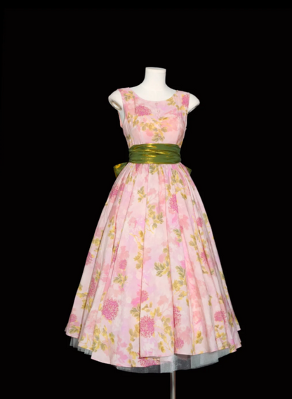Vintage Pink Floral Print Sleeveless A Line Long Prom Dress With Shimmery Olive Green Sash Bow AD921