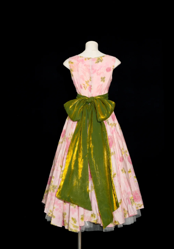 Vintage Pink Floral Print Sleeveless A Line Long Prom Dress With Shimmery Olive Green Sash Bow AD921