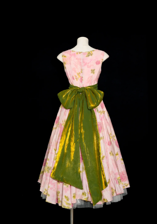 Vintage Pink Floral Print Sleeveless A Line Long Prom Dress With Shimmery Olive Green Sash Bow AD921